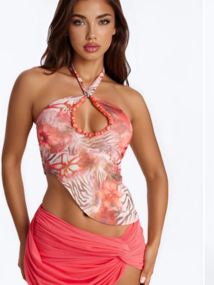 Summer Heat Orange Floral Animal Beaded Mesh Halter Top